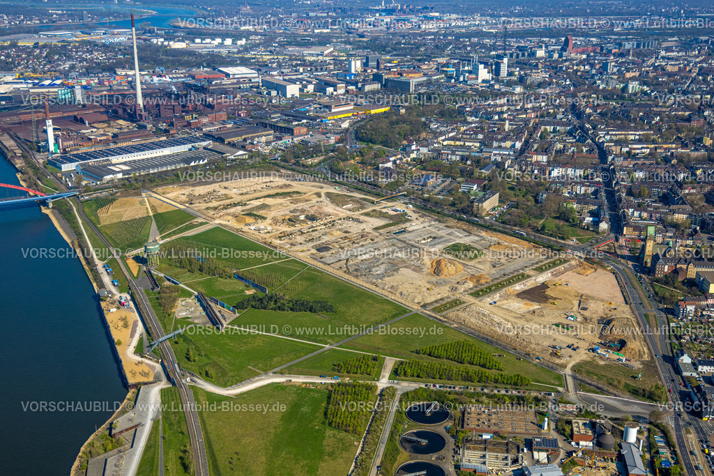 Duisburg250401915 | Luftbild, Rheinpark Duisburg am Fluss Rhein und geplante Wohnanlage RheinOrt Hochfeld, künftiges IGA-Gelände, Fernsicht, Hochfeld, Duisburg, Ruhrgebiet, Nordrhein-Westfalen, Deutschland