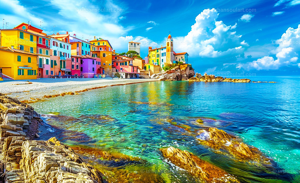 Italian Coastal Town  | Brighten your decor with this picturesque Italian coastal town, featuring charming colorful buildings by the sparkling sea. Ideal for those who love Mediterranean vibes and vibrant, lively colors. - Realisiert mit Pictrs.com