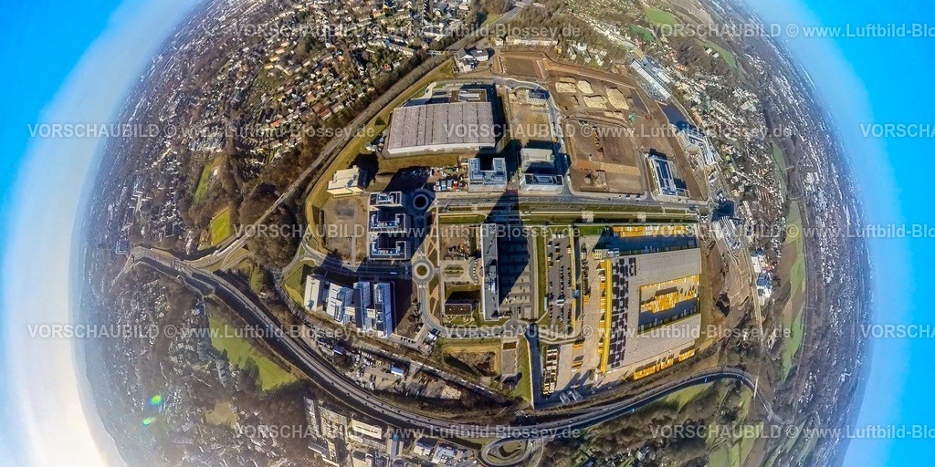 Bochum240190065OPEL1_O-Werk | Luftbild, Großbaustelle Mark 51/7, O-Werk Campus und Neubau Wissenschafts- und Technologiequartier, Ehemaliges Opel Areal, Erdkugel, Fisheye Aufnahme, Fischaugen Aufnahme, 360 Grad Aufnahme, tiny world, little planet, fisheye Bild, Laer, Bochum, Ruhrgebiet, Nordrhein-Westfalen, Deutschland