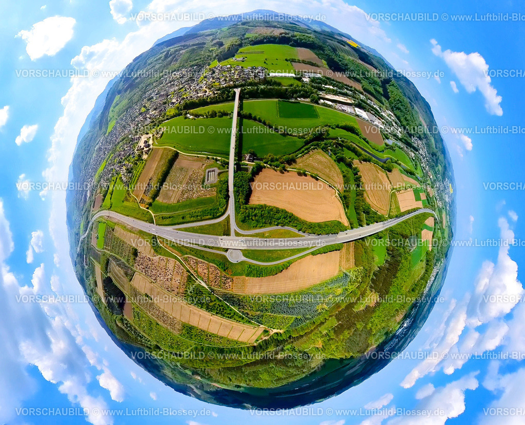 Bestwig240590412A46Velmede | Luftbild, Autobahn A46 Anschlussstelle Bestwig mit Blick auf Velmede, Formen und Farben, Wiesen und Felder mit Baumplantagen, Erdkugel, Fisheye Aufnahme, Fischaugen Aufnahme, 360 Grad Aufnahme, tiny world, little planet, fisheye Bild, Velmede, Bestwig, Sauerland, Nordrhein-Westfalen, Deutschland