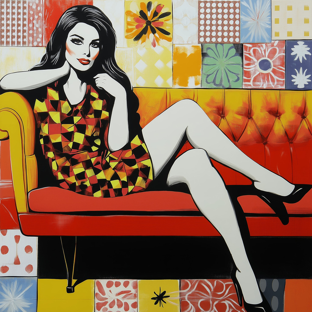 2501001 - Frau auf rotem Sofa | Bestellen Sie dieses Pop Art Motiv als hochwertigen Kunstdruck z.B. auf Leinwand oder hinter Acrylglas.