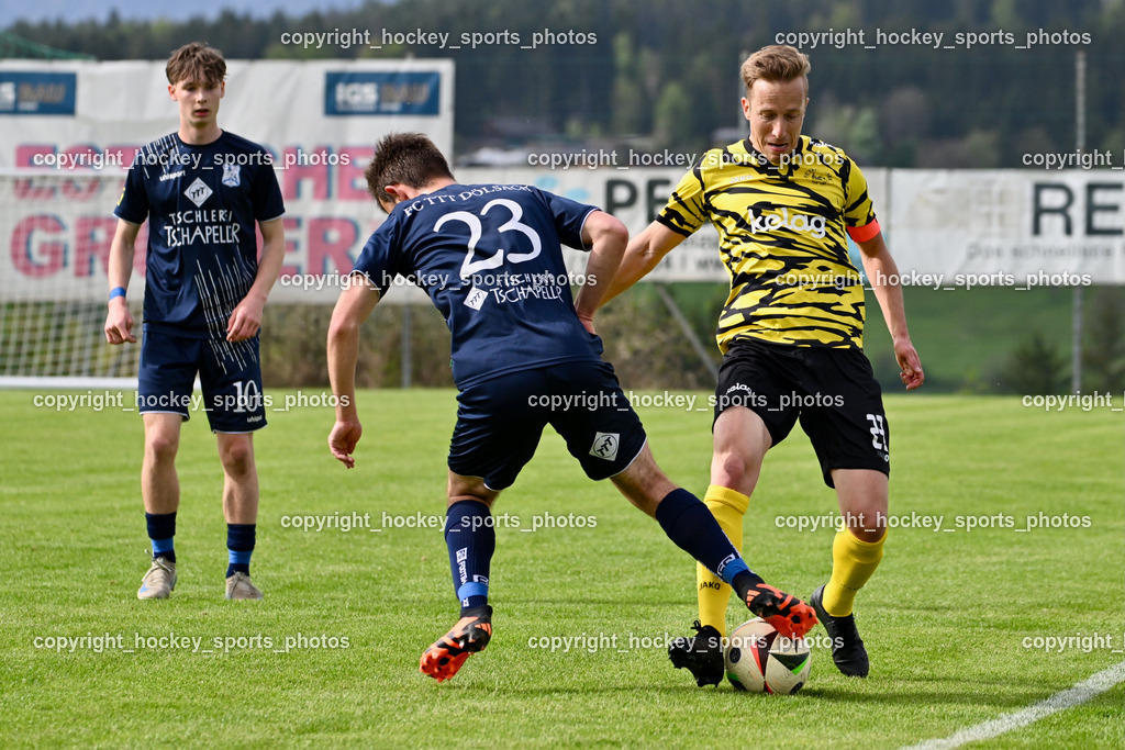 FC Faakersee vs. FC Dölsach | #10 Elias Sint-Unterholzer FC Dölsach, #23 Marcel Linder FC Dölsach, #23 Roman Adunka FC Faakersee, FC Faakersee vs. FC Dölsach, FC Faakersee vs. FC Dölsach am 20.04.2025 in Finkenstein (Sportplatz Finkenstein), Austria, (Photo by Bernd Stefan)