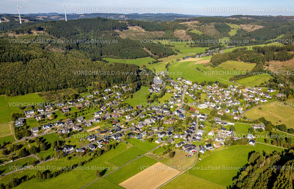 Hilchenbach230911061 | Luftbild, Ortsansicht Ortsteil Helberhausen und Waldgebiet mit Waldschäden, Helberhausen, Hilchenbach, Siegerland, Nordrhein-Westfalen, Deutschland
