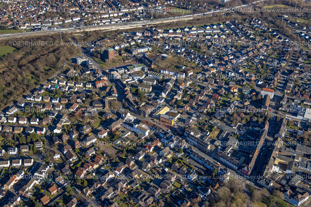 Castrop-Rauxel240106728 | Luftbild, Ortszentrum Ickerner Straße, Wohngebiet mit kath. Kirche St. Antonius mit Marktplatz und evang. Christuskirche, Autobahn A2, Verkehrssituation, Ickern, Castrop-Rauxel, Ruhrgebiet, Nordrhein-Westfalen, Deutschland
