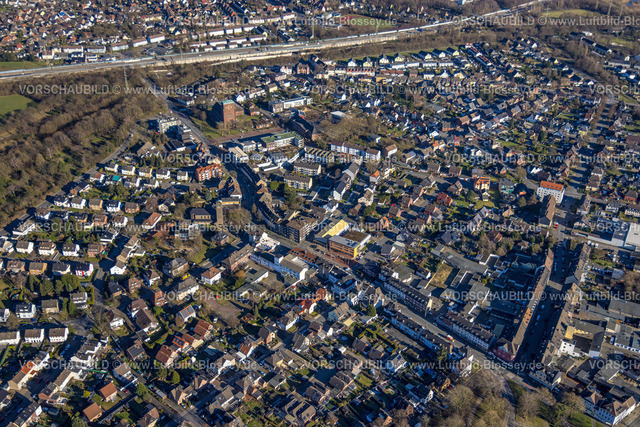 Castrop-Rauxel240106728 | Luftbild, Ortszentrum Ickerner Straße, Wohngebiet mit kath. Kirche St. Antonius mit Marktplatz und evang. Christuskirche, Autobahn A2, Verkehrssituation, Ickern, Castrop-Rauxel, Ruhrgebiet, Nordrhein-Westfalen, Deutschland