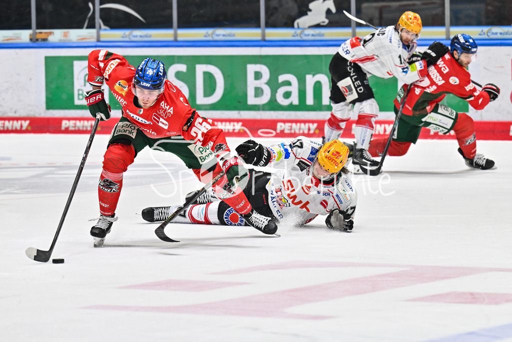 Augsburger Panther - Fischtown Bremerhaven | AUGSBURG, GERMANY - 25. JANUARY: im Duell Alexander BLANK (Augsburger Panther 26) und Ludwig BYSTRÖM (Fischtwon Pinguins 17) während dem Match zwischen den Augsburger Panthern und den Fischtown Pinguins am 43. Spieltag der Penny DEL im Curt Frenzel Stadion