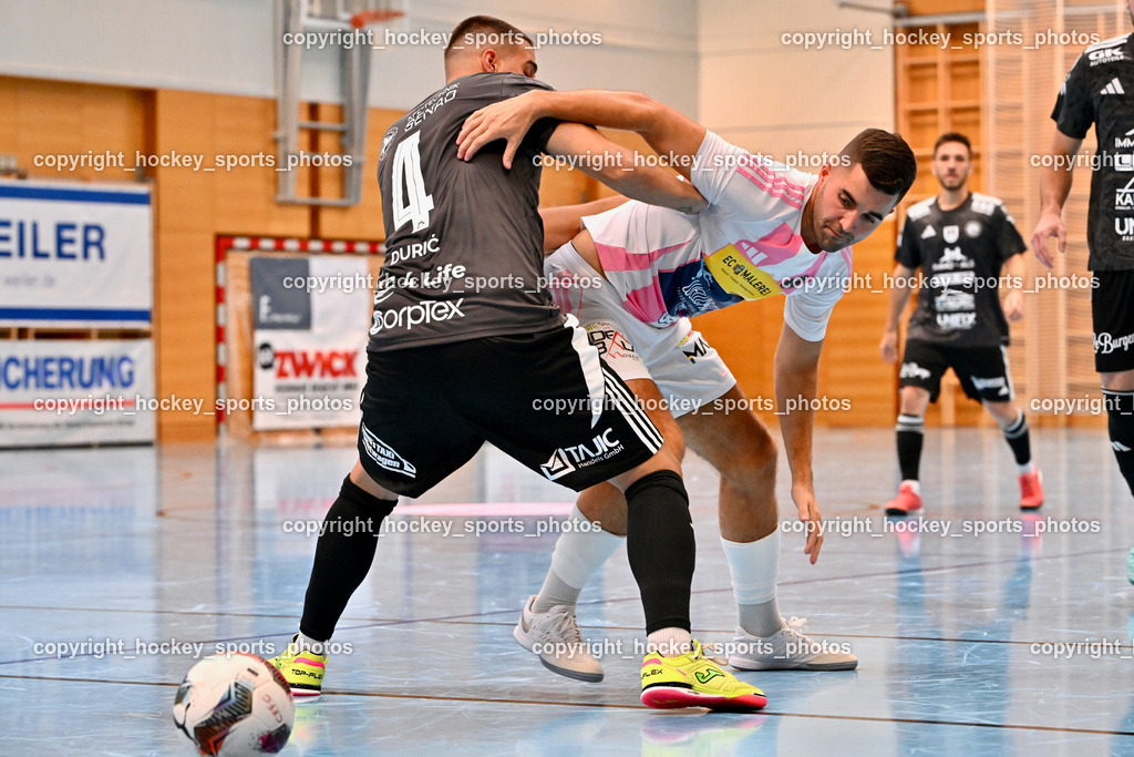 Carinthia Flamengo Futsal Club vs. FC Ljuti Krajisnici | #4 Beldin Duric FC Ljuti Krajisnici, #5 Jernej Kunc Carinthia Flamengo, Carinthia Flamengo Futsal Club vs. FC Ljuti Krajisnici, Carinthia Flamengo Fusal Club vs. FC Ljuti Krajisnici am 12.10.2025 in Klagenfurt (Ballspielhalle Viktring), Austria, (Photo by Bernd Stefan)