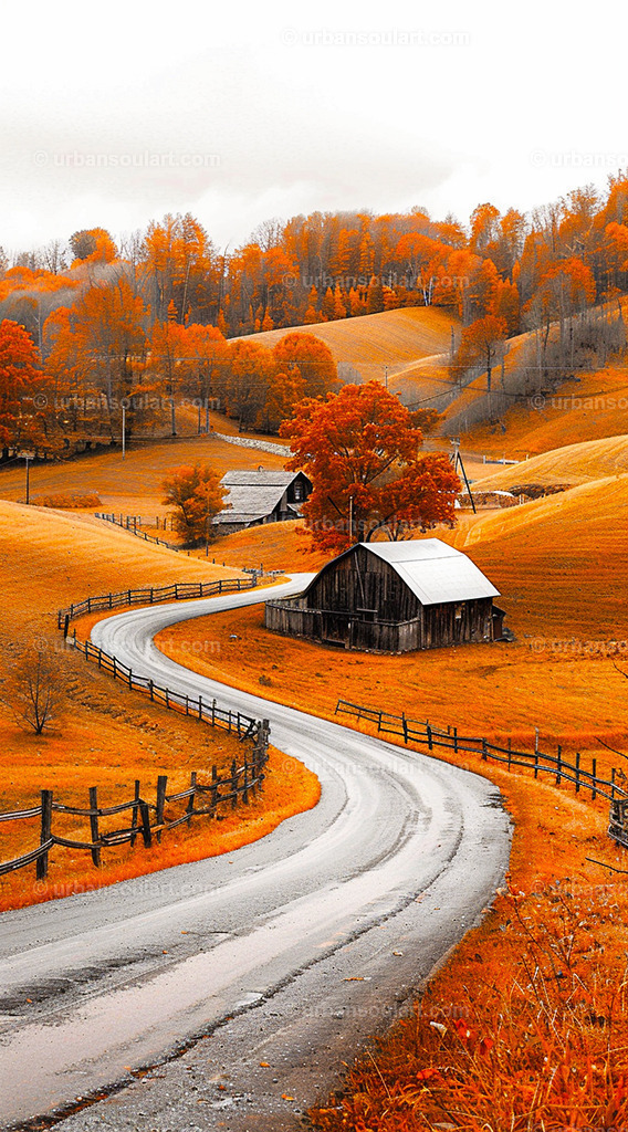 Autumn Landscape With Orange Foliage | A winding road through golden autumn trees and rolling hills, this artwork captures the warm beauty of fall. Ideal for adding seasonal charm and a rustic touch to your decor. - Realisiert mit Pictrs.com