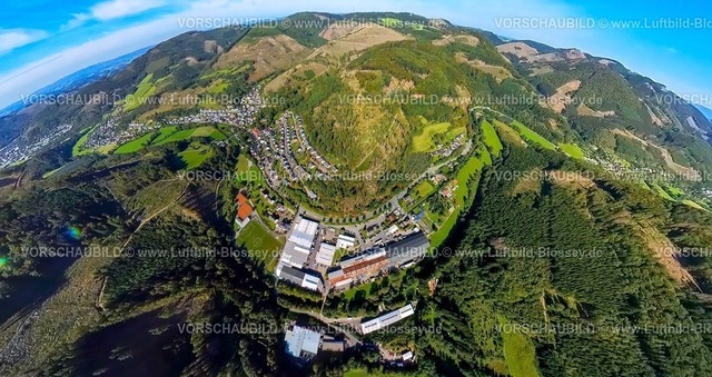 Lennestadt230990345Langenei | Luftbild, Ortsansicht Ortsteil Langenei, Waldgebiet mit Waldschäden, Gewerbegebiet, Erdkugel, Fisheye Aufnahme, Fischaugen Aufnahme, 360 Grad Aufnahme, tiny world, Langenei, Lennestadt, Sauerland, Nordrhein-Westfalen, Deutschland