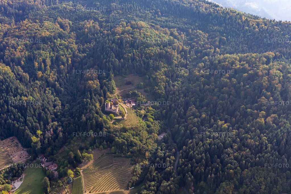 Luftbild: Ruine und Mauerreste der ehemaligen Burganlage Schauenburg im Ortsteil Wolfhag in Oberkirch im Bundesland Baden-Württemberg in Deutschland. Foto: IMG_008927.jpg vom 20.09.2020 durch Werner Riehm/FLY-FOTO.de
