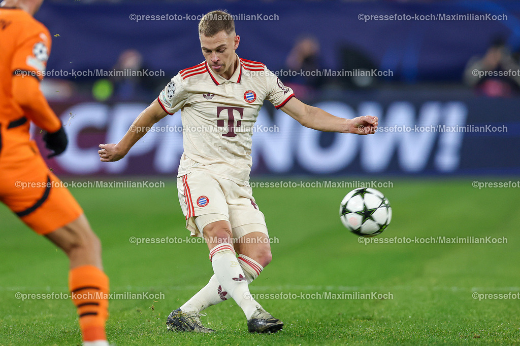 UCL10122402238 | 10.12.2024, Fußball, UEFA Champions League, Schachtar Donezk - FC Bayern München, Arena AufSchalke Gelsenkirchen, 8. Spieltag Saison 2024 2025: Joshua Kimmich (Bayern #6)DFB regulations prohibit any use of photographs as image sequences and or quasi-video.