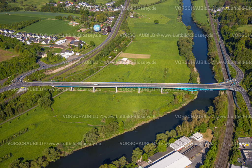 Wetter240503566 | Luftbild, Neue Ruhrbrücke Wetter mit Fluss Ruhr und Ruhrweiden, übergroße blaue Weltkugel, Gaskugel Gasometer an der Gasreglerstation, links Bahnlinie Ruhrtalbahn, rechts Bahnlinie Witten-Wetter, Volmarstein, Wetter, Ruhrgebiet, Nordrhein-Westfalen, Deutschland