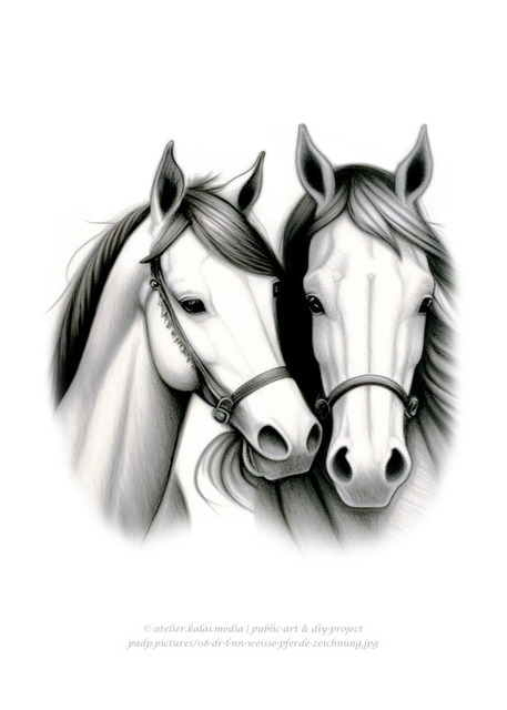 padp-pictures-08-dr-l-nn-weisse-pferde-zeichnung | Bildidee ❤ Günstige Poster 20x30 ab 4,99 € in Galeriequalität. ► Lizenzfreie Traumposter und Kunstkopien direkt im Bilderdepot der Artothek herunterladen, kaufen oder bestellen ❤ Public-Art & DIY-Project ❤ - Realisiert mit Pictrs.com
