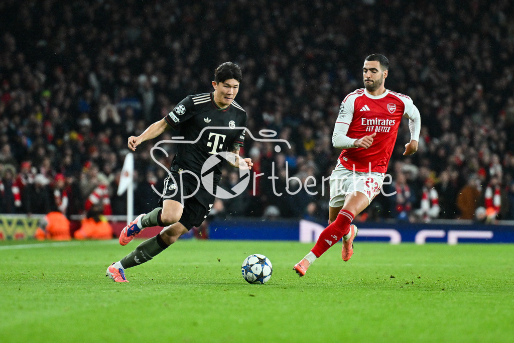 Arsenal FC - FC Bayern München | LONDON, ENGLAND - 26. NOVEMBER: im Duell Minjae KIM (FC Bayern Munich 3) und Mikel MERINO (Arsenal FC 23) beim Ligaspiel zwischen Arsenal London und dem FC Bayern München am 5. Spieltag der UEFA Champions League im Emirates Stadium am 26.11.2025