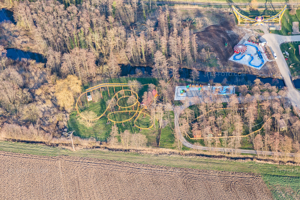 Aerial view: Leisure centre - Didiland amusement park in Morsbronn-les-Bains in the state Bas-Rhin, France.Photo: IMG_104955.jpg taken on 03/21/2018 by Werner Riehm/FLY-FOTO.comResolution of the original: 5472 x 3648 px