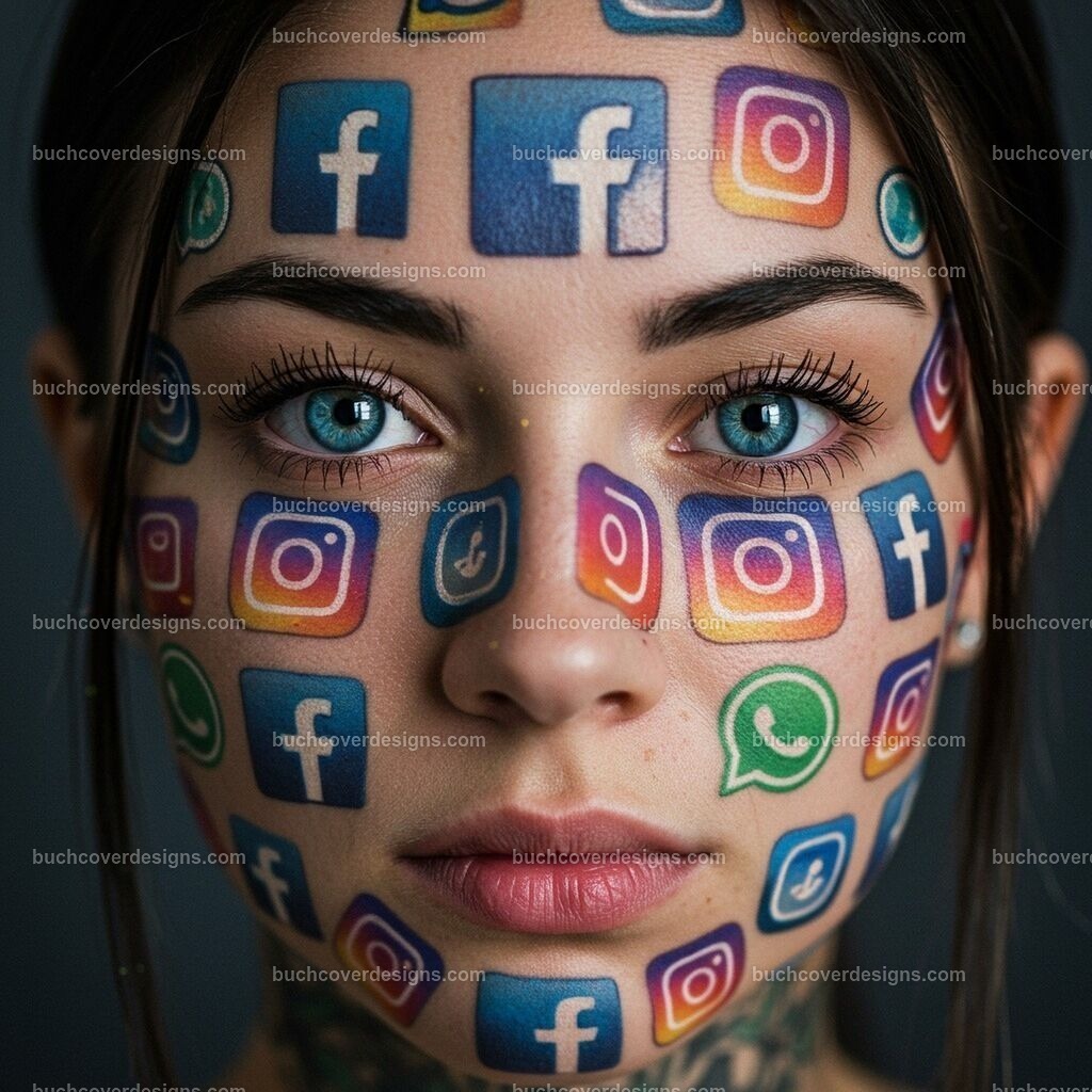 frauen gesicht mit Facebook Whatsapp Instagram Social Media Symbole | Entdecken Sie kreative Buch Cover Designs für Self-Publishing-Autoren und Verlage! Unsere maßgeschneiderten Designs ziehen Leser an und bringen Ihre Geschichten visuell zum Leben. Lassen Sie uns Ihr perfektes Cover gestalten!
