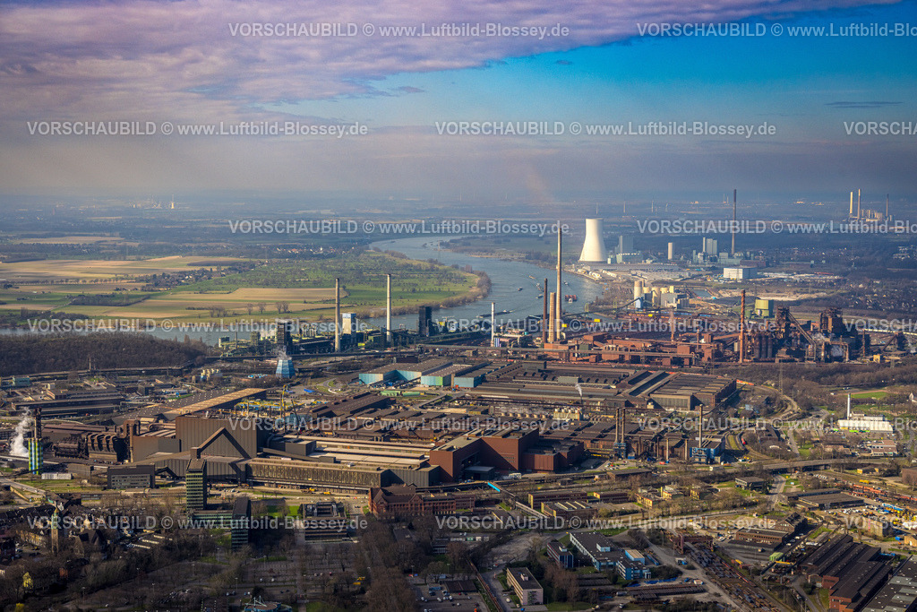 Duisburg240304476 | Luftbild, Thyssenkrupp Steel Europe Werk mit Blick zum STEAG Kraftwerk Walsum, Fluss Rhein und wolkiger Himmel, Marxloh, Duisburg, Ruhrgebiet, Nordrhein-Westfalen, Deutschland, Duisburg-N