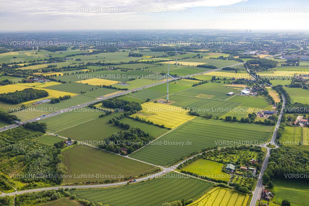 Hamm220602015 | Luftbild, Ortsteil Freiske, Wiesen und Felder mit Windrad an der Autobahn A2, Rhynern, Hamm, Ruhrgebiet, Nordrhein-Westfalen, Deutschland