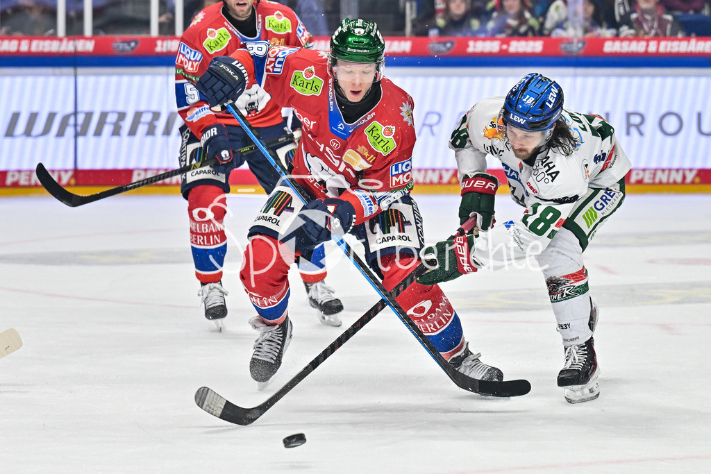 Eisbären Berlin - Augsburger Panther | BERLIN, GERMANY - 04. JANUARY: im Duell Jonas MÜLLER (Eisbären Berlin 18) und Anthony LOUIS (Augsburger Panther 18) während dem Match zwischen den Eisbären Berlin und den Augsburger Panthern am 36. Spieltag der Penny DEL in der UBER Arena