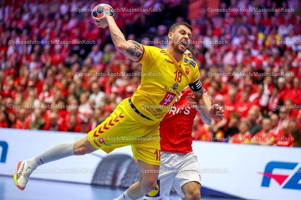 EHF16012602024 | 16.01.2026, Handball, Men's EHF EURO 2026, Dänemark - Nordmazedonien, Jyske Bank Boxen in Herning, Dänemark, Preliminary Round:  Filip Kuzmanovski (North Macedonia #18) 