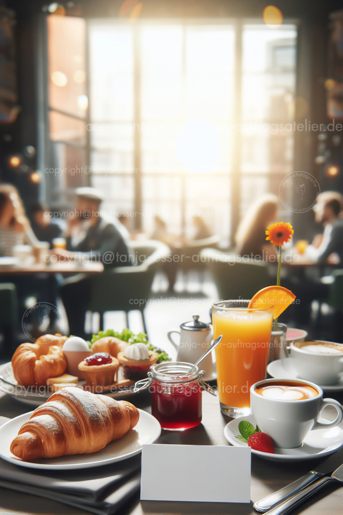 Stimmungsvolles Restaurant Frühstück | Ein stimmungsvolles, reichhaltiges Frühstück im Restaurant. Eine Papierkarte und der unscharfe Hintergrund oben bieten Copy Space. Croissants, Marmelade, Orangensaft und Cappuccino,  Gäste in entspannter Atmosphäre. Überarbeitetes Bild auf Grundlage von generativer KI.