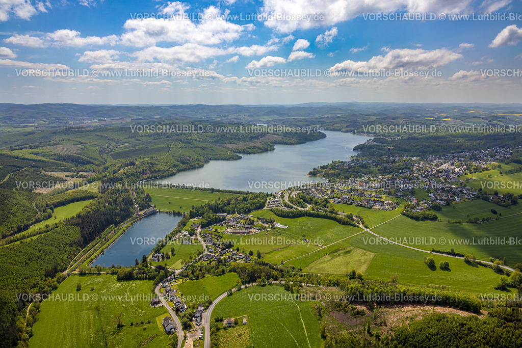 Sundern230504749 | Luftbild, Talsperre Sorpesee und Staumauer, Hügellandschaft mit Waldschäden, Langscheid, Sundern, Sauerland, Nordrhein-Westfalen, Deutschland