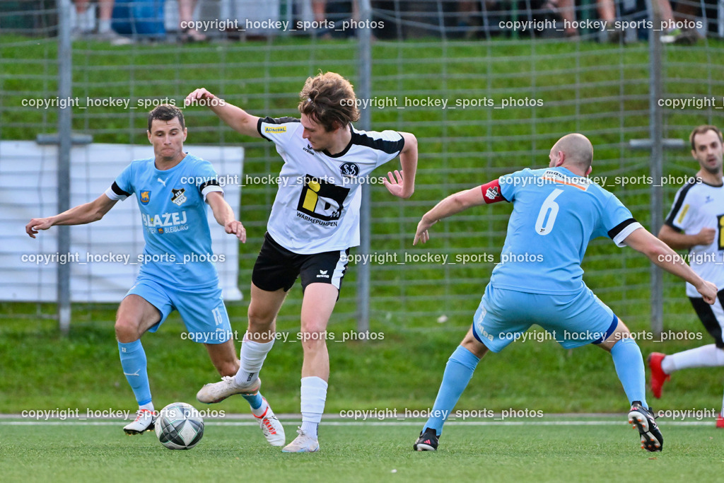 SV Spittal vs. SVG Bleiburg | #13 Aljaz Storman SVG Bleiburg, #18 Kristijan Jelic SV Spittal, #6 Nikola Tolimir SVG Bleiburg, SV Spittal vs. SVG Bleiburg, SV Spittal vs. SVG Bleiburg am 14.08.2024 in Spittal an der Drau (Goldeck Stadion), Austria, (Photo by Bernd Stefan)