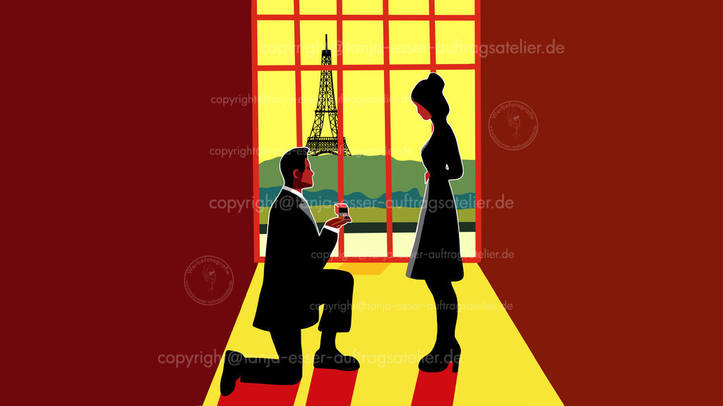 Verlobung in Paris D | Mann kniet vor einer Frau. Er hält eine Ring Box und fragt ob sie ihn heiraten will. Verlobung eines Paares in Paris, der Stadt der Liebe. Der Eiffelturm ist im Hintergrund zu sehen. Illustration mit Copy Space.