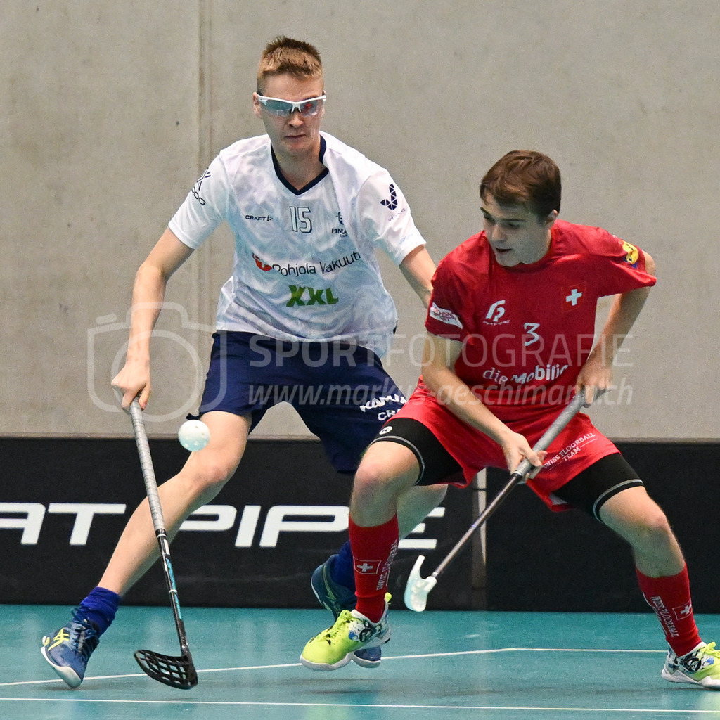 Switzerland B U19 vs Finland U19 - 2. February 2024 | Switzerland B U19 vs Finland U19
U19 Men International Matches in Switzerland
GoEasy Arena, Siggenthal Station
Finland defender #15 Roope Herpola and Switzerland forward #3 Seya Schwarz.
Credit: Markus Aeschimann | <a href="https://www.markus-aeschimann.ch">Sportfotografie Markus Aeschimann</a> | <a href="https://www.instagram.com/sportfotografie.aeschimann">@sportfotografie.aeschimann</a> - Realisiert mit Pictrs.com