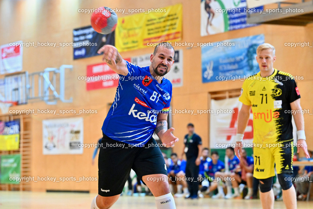 SC Ferlach vs. Bregenz Handball | #81 Milicevic Adrian SC Ferlach, #71 Schröder Andreas Bregenz Handball, SC Ferlach vs. Bregenz Handball, SC Ferlach vs. Bregenz Handball am 28.09.2024 in Ferlach (Ballspielhalle Ferlach), Austria, (Photo by Bernd Stefan)