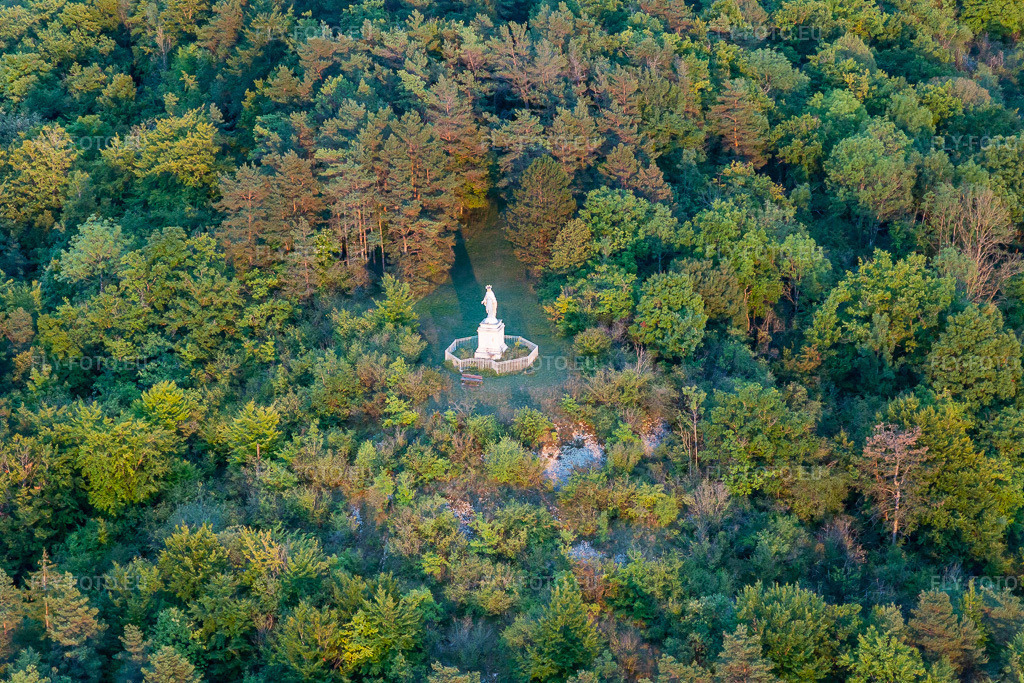 Vue aérienne: Statue de Marie à Poissons dans le département Haute Marne, France. Photo: IMG_134360.jpg prise le 03/09/2022 par Werner Riehm/FLY-FOTO.eu – Résolution de l'original: 5472 x 3648 px