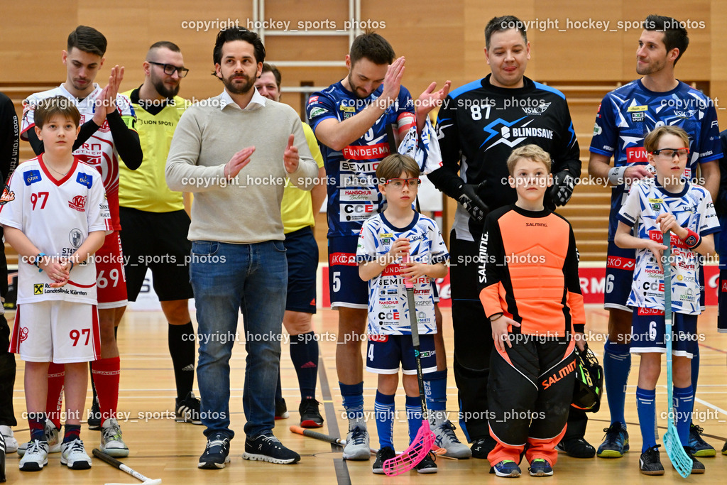 VSV Unihockey vs. KAC Floorball 4.2.2023 | Ehrung Helmut Koloini, #5 Michael Kanduth, #87 Timmo Taurer, #6Timo Schmid