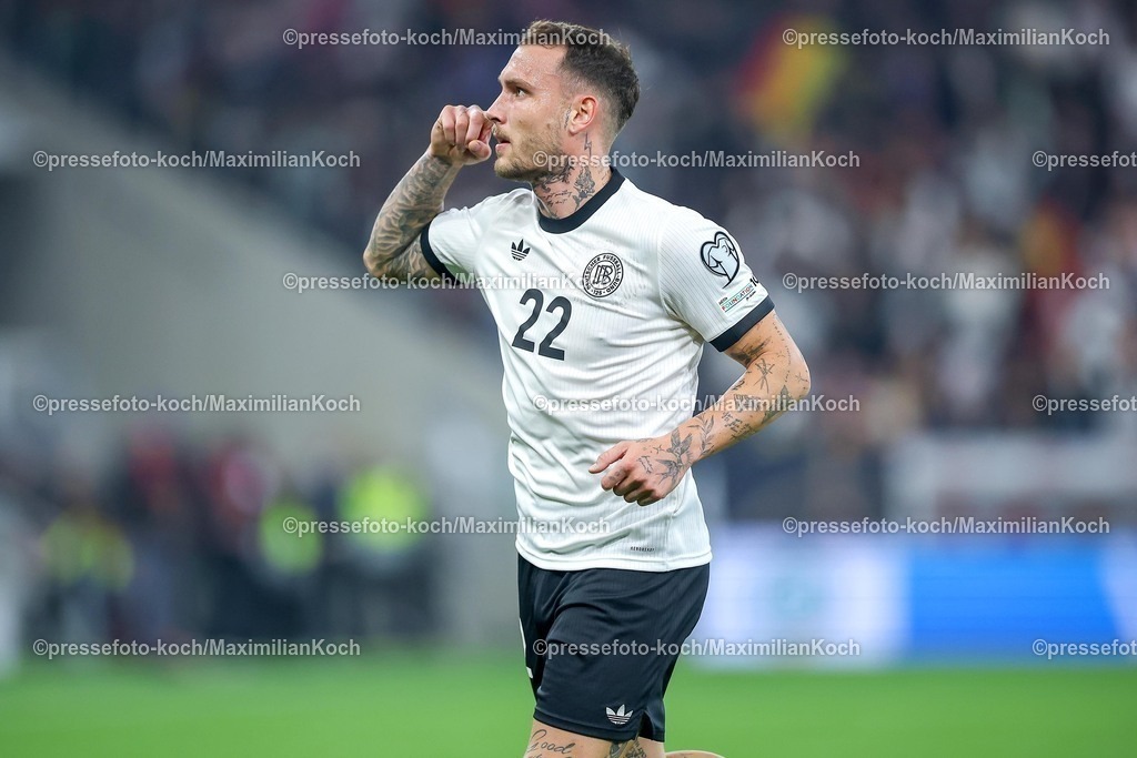 DFB10102501071 | 10.10.2025, Fußball, Länderspiel, Deutschland - Luxemburg, UEFA WM-Qualifikation, 2025/2026, Gruppe A, PreZero Arena in Sinsheim: Torjubel nach dem Tor zum 1:0 durch Torschütze David Raum (GER #22)  zusammen mit  DFB regulations prohibit any use of photographs as image sequences and or quasi-video.