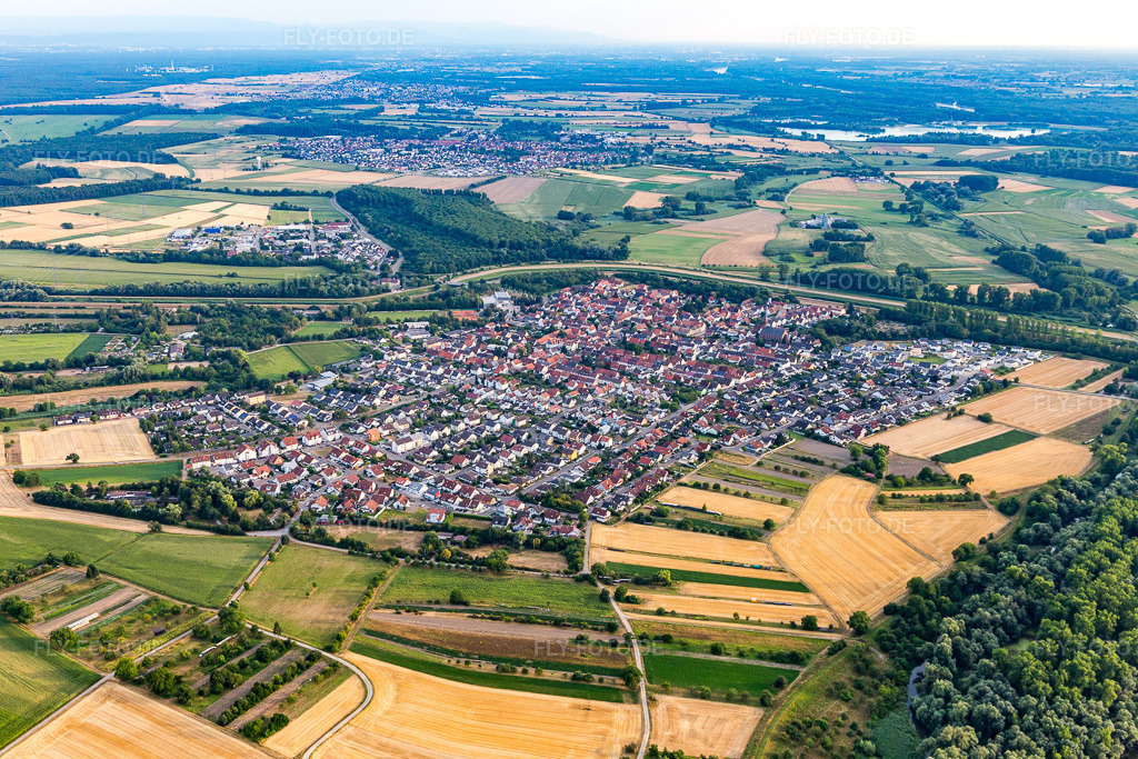 Luftbild: Ortsansicht von Norden im Ortsteil Rußheim in Dettenheim im Bundesland Baden-Württemberg in Deutschland. Foto: IMG_109085.jpg vom 19.07.2018 durch Werner Riehm/FLY-FOTO.de