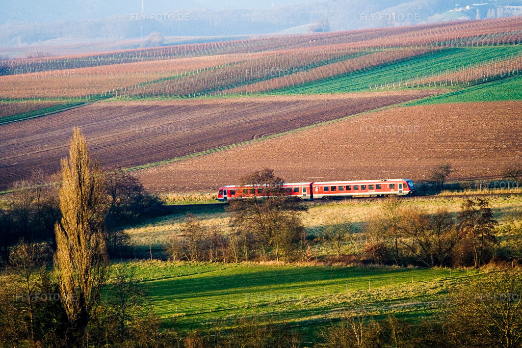 Luftbild: Gleisverlauf und Zug der Regionalbahn der Deutschen Bahn in Oberhausen im Bundesland Rheinland-Pfalz in Deutschland. Foto: IMG_14854.jpg vom 30.11.2008 durch Werner Riehm/FLY-FOTO.de