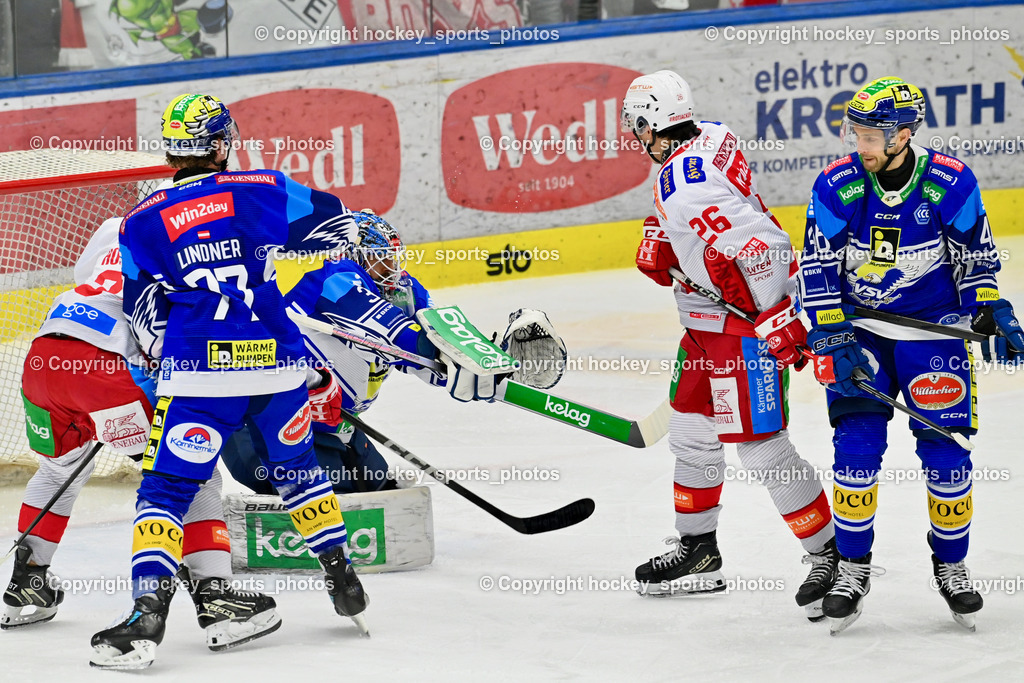 EC IDM WÄRMEPUMPEN VSV vs. EC KAC | #77 LINDNER Philipp EC VSV, #35 Cannata Joe EC VSV,#26 Lam Oliver EC KAC, #46 WALL Alex EC VSV, EC IDM WÄRMEPUMPEN VSV vs. EC KAC, EC IDM WÄRMEPUMPEN VSV vs. EC KAC am 02.02.2025 in Villach (Stadthalle Villach), Austria, (Photo by Bernd Stefan)