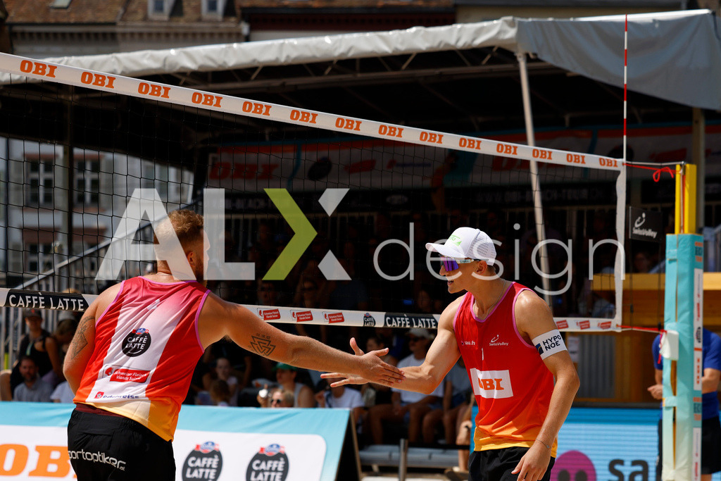 Obi BeachTour 2026 - Basel | BASEL, SWITZERLAND - JULY 19: LAURENZ LEITNER (AUT) and MORITZ KINDL (AUT) during the Obi BeachTour 2026 match between LEITNER / KINDL (AUT) and BREER / KÄLIN (SUI) at Barfüsserplatz on July 19, 2026 in Basel, Switzerland. - Realisiert mit Pictrs.com