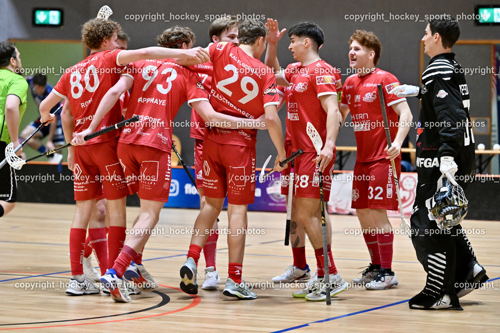 KAC Floorball vs. VSV Unihockey | #32 Tim Deisinger KAC Floorball, #80 Lino Roth KAC Floorball, #28 Gabriel Lekas KAC Floorball, #55 Maximilian Obereder KAC Floorball, Jubel KAC Floorball Mannschaft, #87 Fabian Grabner KAC Floorball, #29 Sebastian Flaschberger KAC Floorball, #93 Marcel Gappmayer KAC Floorball, KAC Floorball vs. VSV Unihockey, KAC Floorball vs. VSV Unihockey am 21.03.2026 in Klagenfurt (Ballspielhalle Waidmannsdorf), Austria, (Photo by Bernd Stefan)
