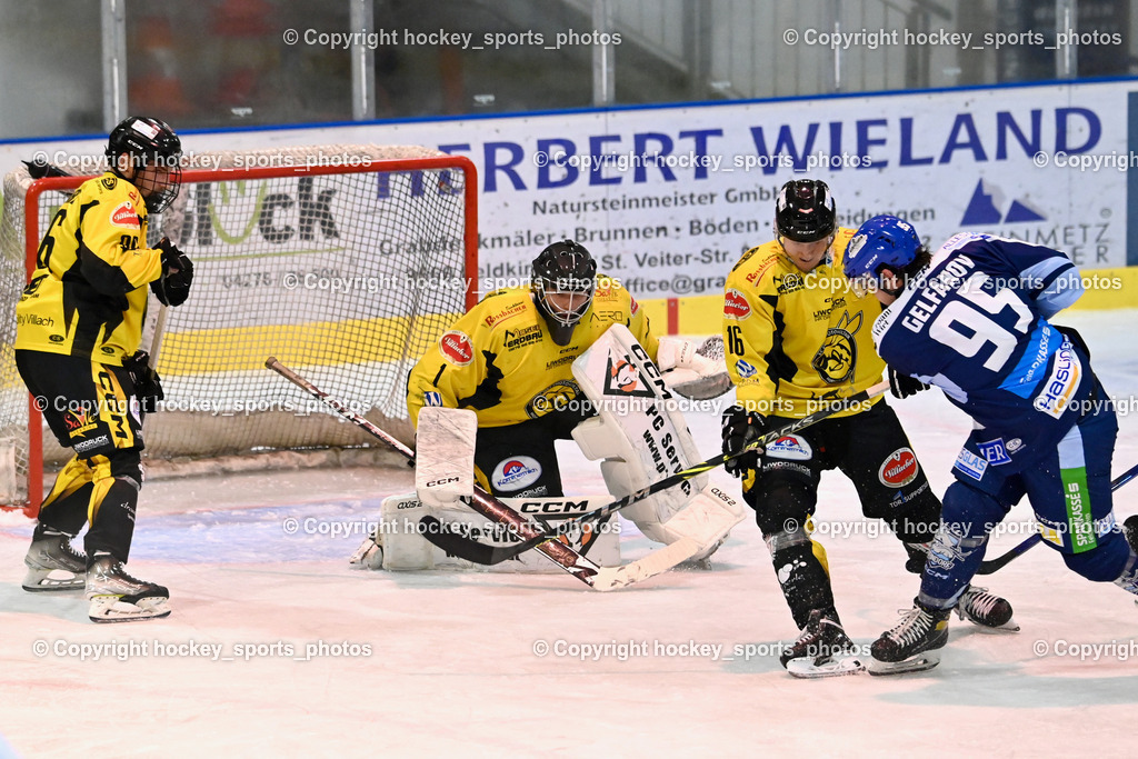 ESC Steindorf vs. MET PHOTOVOLTAIK HORNETS SPITTAL | #96 Peharz Joshua EC Hornets Spittal, #1 Zauchner Rene EC Hornets Spittal, #16 Nageler Daniel EC Hornets Spittal, #95 Gelfanov Ruslan ESC Steindorf, ESC Steindorf vs. MET PHOTOVOLTAIK HORNETS SPITTAL, ESC Steindorf vs. MET PHOTOVOLTAIK HORNETS SPITTAL am 26.10.2024 in Steindorf (Ossiachersee Halle), Austria, (Photo by Bernd Stefan)