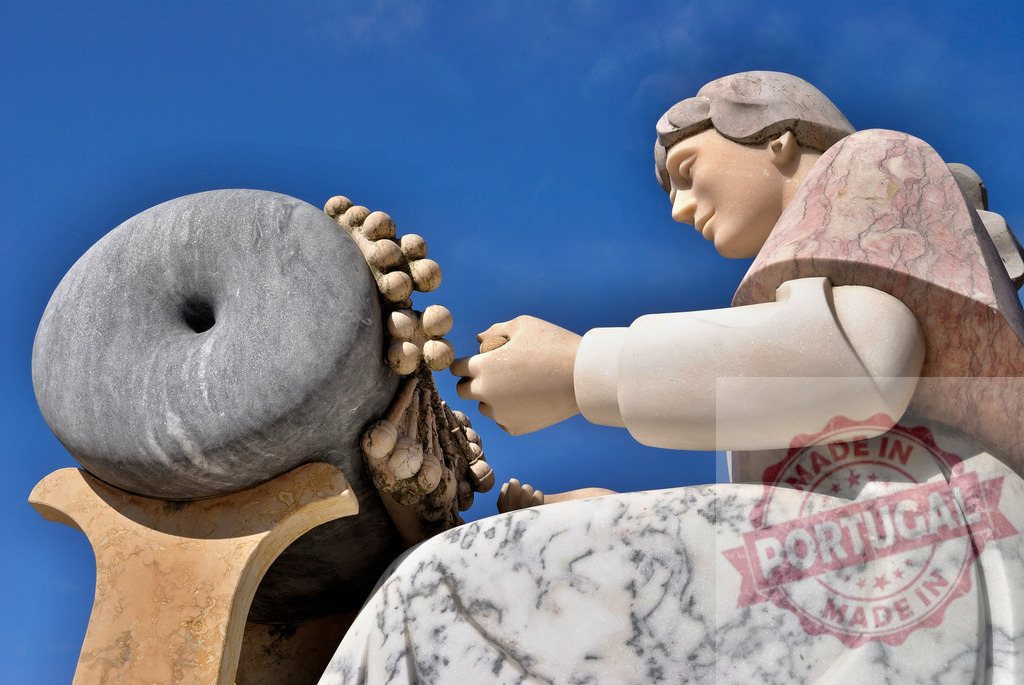 Female artisan creating traditional bobbin lace sculpture. Centro - Portugal | Marble sculpture depicting a woman making lace against a blue sky - Realized with Pictrs.com