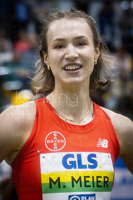 Deutsche Leichtathletik-Hallenmeisterschaften; Dortmund, 28.02.2026 | Marlene Meier (TSV Bayer 04 Leverkusen, 401) freut sich über den Titel als Deutsche Hallenmeisterin 60m Hürden; Deutsche Leichtathletik-Hallenmeisterschaften am 28.02.2026 in der Helmut-Körnig-Halle in Dortmund. 