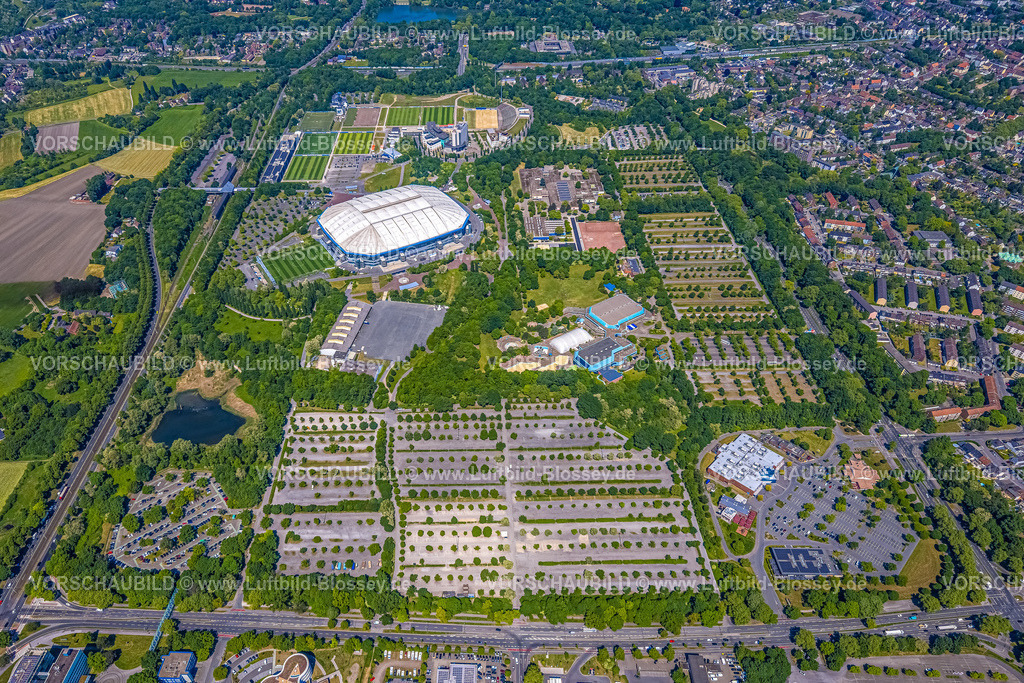 Gelsenkirchen250506056-Bearbeitet | Luftbild, Berger Feld, Schalke Arena Park mit Veltins Arena Fußballstadion, Erle, Gelsenkirchen, Ruhrgebiet, Nordrhein-Westfalen, Deutschland