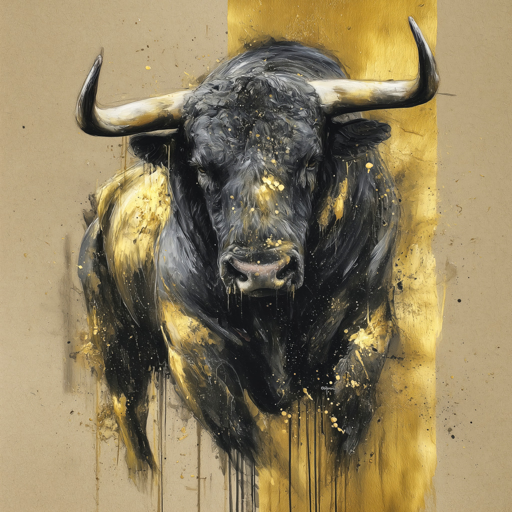 2601010 - Stier in Schwarz und Gold | Moderner Stier im Gemäldestil als hochwertiger Kunstdruck auf Leinwand, Acrylglas, Alu-Dibond oder als Poster.