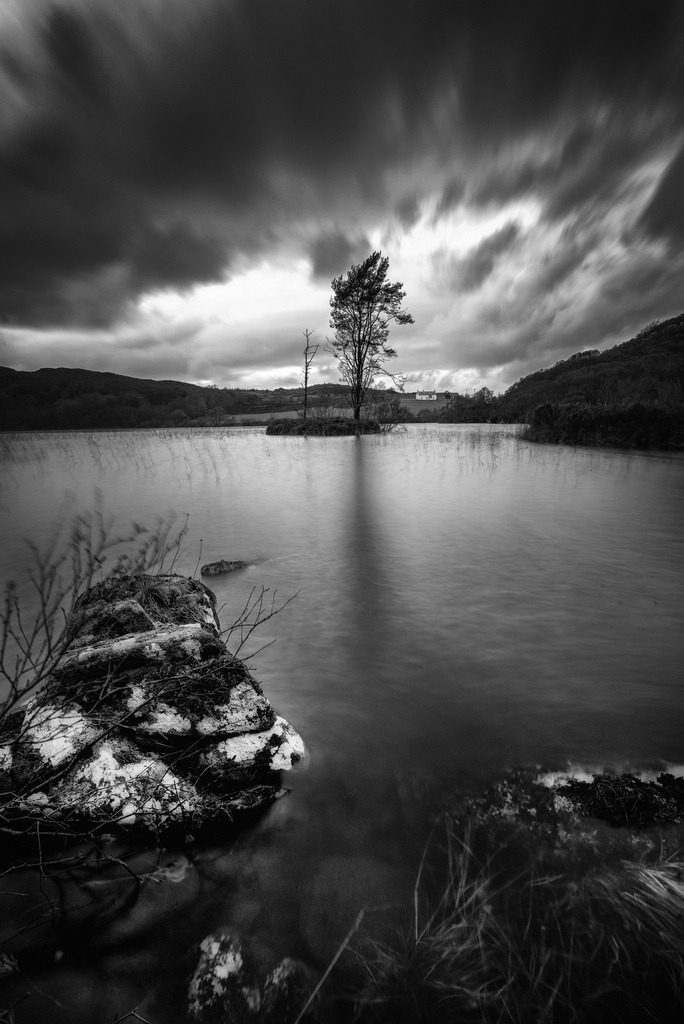 Loch Bad a' Chrotha | Die Schwarz-Weiß-Aufnahme zeigt einen einzelnen Baum auf einer kleinen Insel in einem schottischen Loch. Die Langzeitbelichtung glättet die Wasseroberfläche und lässt die Wolken dynamisch über den Himmel ziehen. Ein markanter Fels im Vordergrund und die hügelige Landschaft im Hintergrund rahmen die Szene ein. - Realisiert mit Pictrs.com