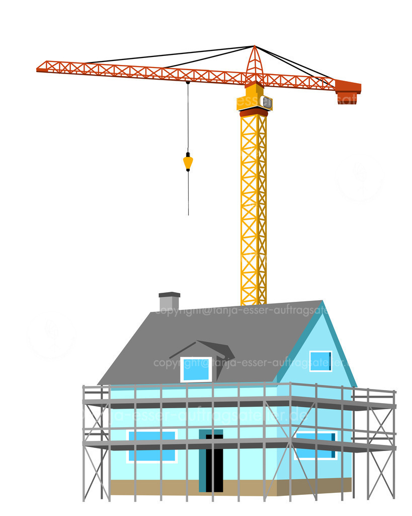 Baustelle Haus mit Kran D | Digitale Illustration zeigt einen Neubau eines Hauses. Vor dem Haus ist ein Baugerüst aufgebaut.