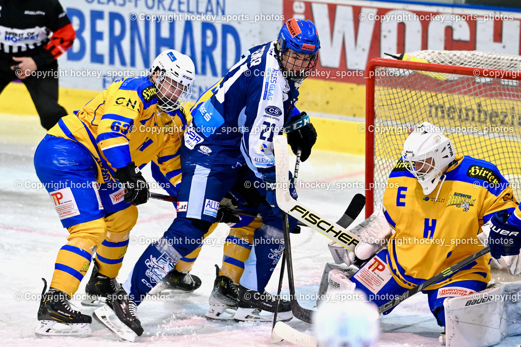 ESC Steindorf vs. EHC Althofen | #63 Hammerle Simon EHC Althofen, #21 Steiner Moritz ESC Steindorf, #31 Horn Fabian EHC Althofen, ESC Steindorf vs. EHC Althofen, ESC Steindorf vs. EHC Alhofen am 03.03.2024 in Steindorf (Ossiachersee Halle), Austria, (Photo by Bernd Stefan)