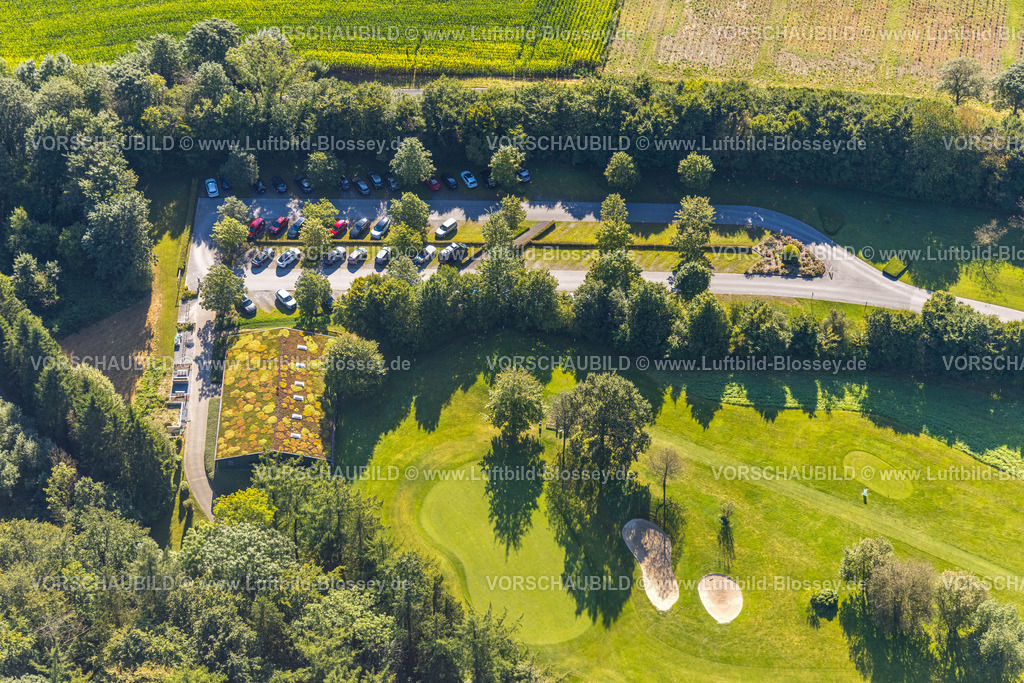 Velbert240811700Langenberg | Luftbild, Golfplatz und Golfwiese Golfclub Velbert Gut Kuhlendahl e.V., Sandlöcher Bunker, Parkplatz, Haus mit Dachbegrünung, Kuhlendahl, Velbert, Ruhrgebiet, Nordrhein-Westfalen, Deutschland