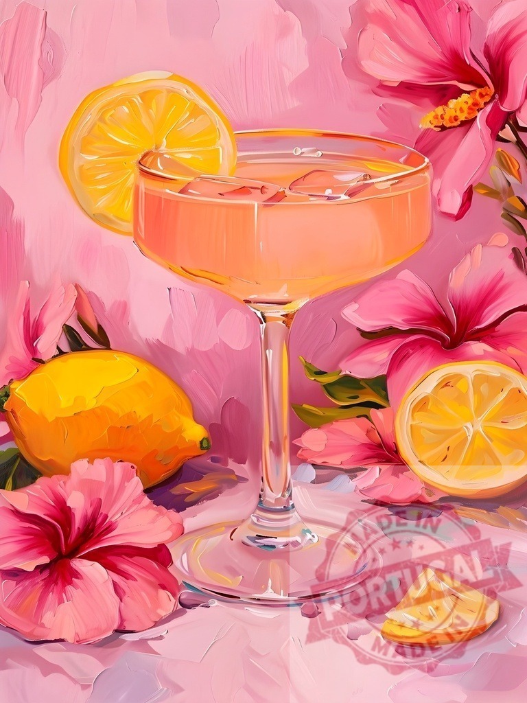 Pink tropical hibiscus cocktail with fresh lemon | Pink tropical cocktail with lemon slice and hibiscus flowers in painterly style - Realisiert mit Pictrs.com