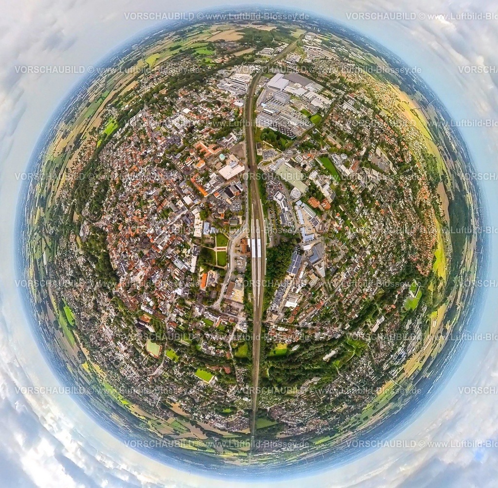 Ahlen230890093 Mitte Bahnhof | Luftbild, Ortsansicht City mit Bahnhof Ahlen(Westf), Gewerbegebiet Kruppstraße, Erdkugel, Fisheye Aufnahme, Fischaugen Aufnahme, 360 Grad Aufnahme, tiny world, Ahlen, Ruhrgebiet, Nordrhein-Westfalen, Deutschland
