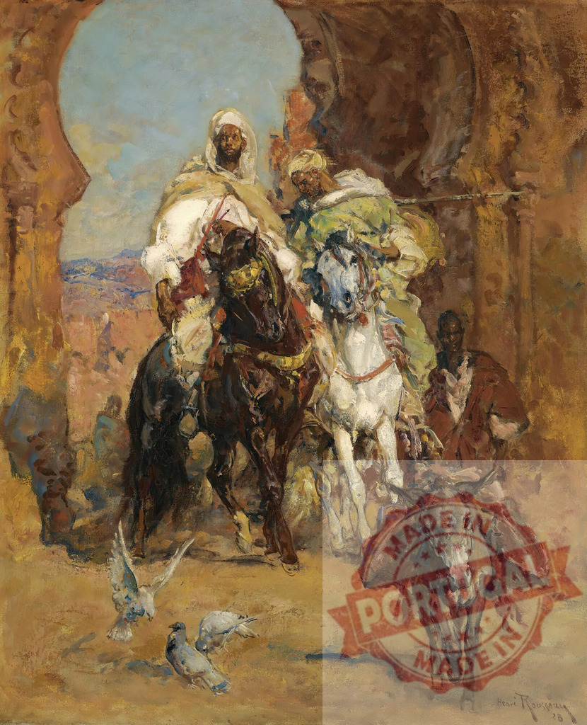 Arab horsemen riding through a North African archway. Henri Rousseau | Two Bedouin men on horseback with a donkey and pigeons under an arch in an Orientalist painting - Realisiert mit Pictrs.com